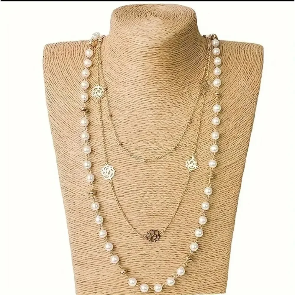 Long Imitation Pearl & Camillia Flower Necklaces